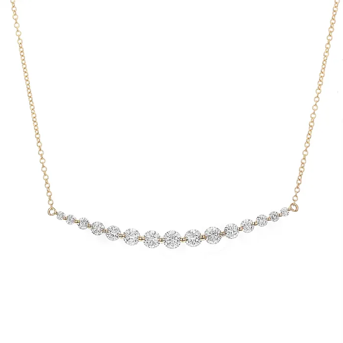 Necklaces Meierotto Jewelers 18K Yellow Gold Graduated Diamond Single SharedProng Curved Bar Necklace 18 inch Necklaces Meierotto Jewelers 18K Yellow Gold Graduated Diamond Single SharedProng Curved Bar Necklace 18 inch