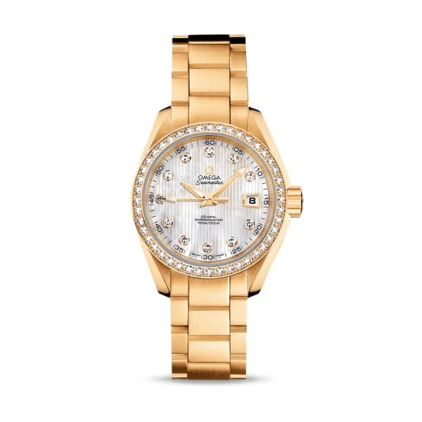 Omega Bracelets Omega Seamaster 30mm Watch Ref 23155302055002 White Mother of Pearl Diamond Index Dial Diamond Bezel 18K Yellow Gold Bracelet Omega Bracelets Omega Seamaster 30mm Watch Ref 23155302055002 White Mother of Pearl Diamond Index Dial Diamond Bezel 18K Yellow Gold Bracelet
