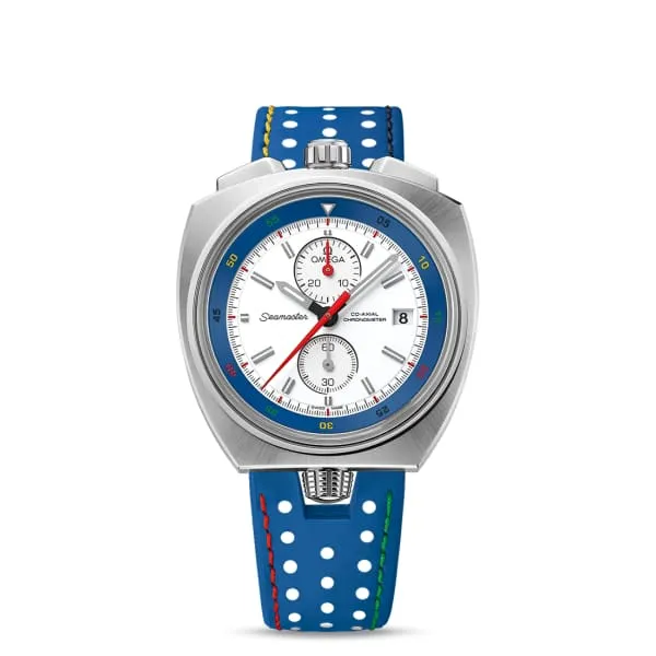 Omega Seamaster 43mm Watch Ref 52212435004001 White Chronograph Index Dial Blue Leather Strap Omega Watches Omega Seamaster 43mm Watch Ref 52212435004001 White Chronograph Index Dial Blue Leather Strap Omega Watches