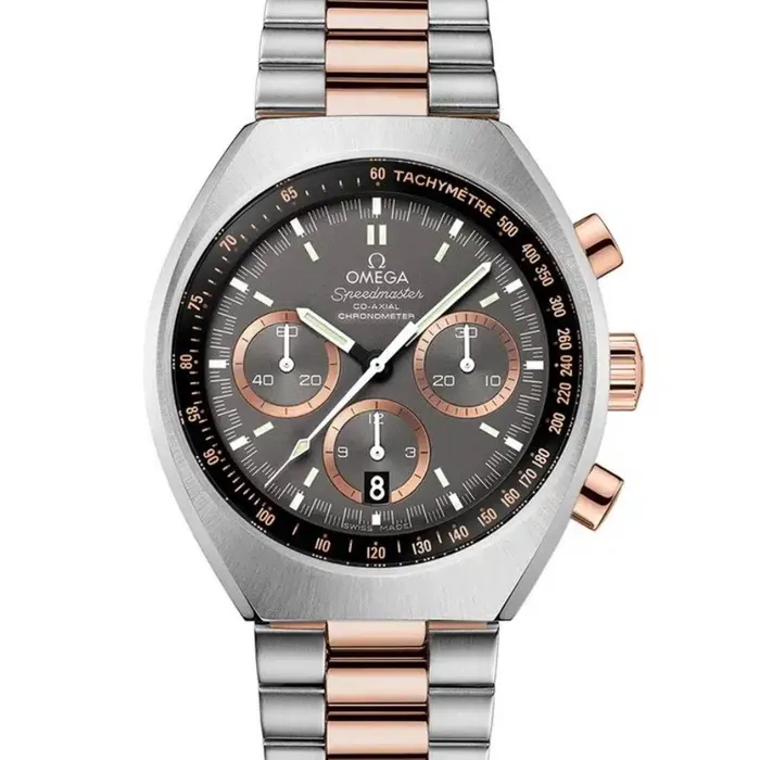 Omega Speedmaster Mark II CoAxial Chronograph 424mm Watch Ref 32720435001001 Grey Dial Stainless Steel 18k Rose Gold Bracelet Omega Bracelets