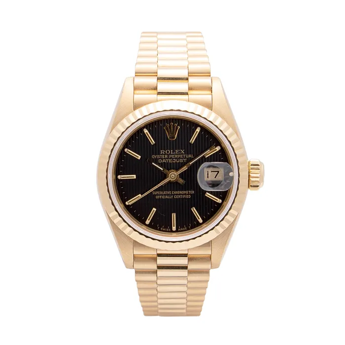 Preowned Rolex Bracelets Rolex Datejust 26 18K Yellow Gold Black Dial President Bracelet 26mm Automatic Preowned Preowned Rolex Bracelets Rolex Datejust 26 18K Yellow Gold Black Dial President Bracelet 26mm Automatic Preowned