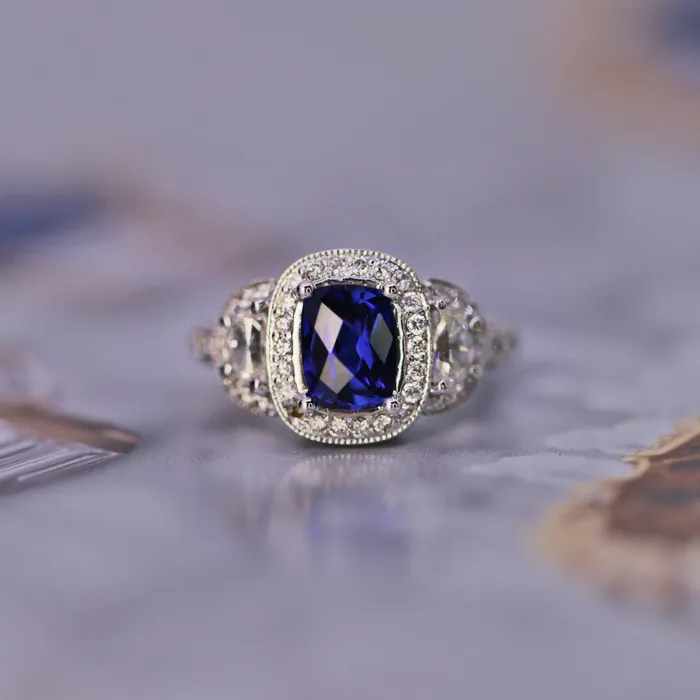 Rings Diamond Source NYC Diffused Cushion Cut Blue Sapphire Diamond Engagement Ring Set in 14K White Gold 390ct tw Rings Diamond Source NYC Diffused Cushion Cut Blue Sapphire Diamond Engagement Ring Set in 14K White Gold 390ct tw