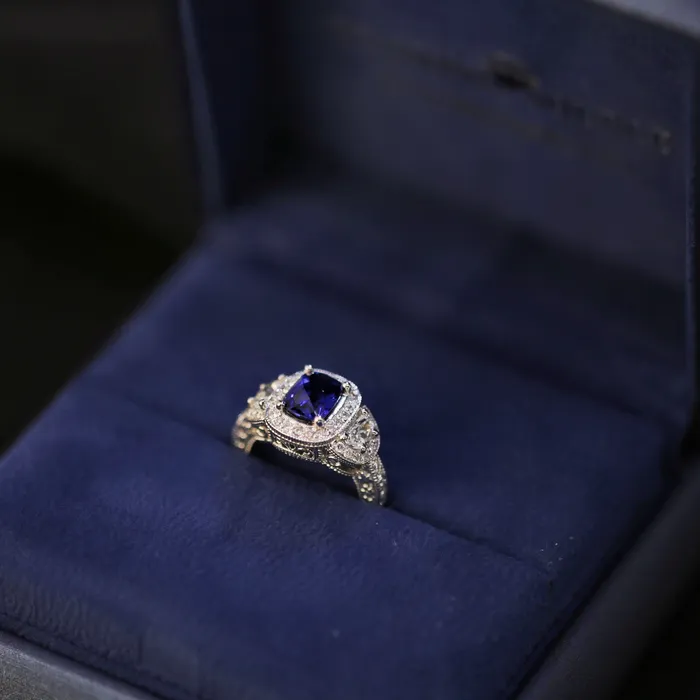 Rings Diamond Source NYC Diffused Cushion Cut Blue Sapphire Diamond Engagement Ring Set in 14K White Gold 390ct tw