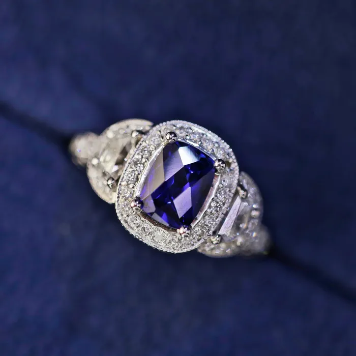 Rings Diamond Source NYC Diffused Cushion Cut Blue Sapphire Diamond Engagement Ring Set in 14K White Gold 390ct tw