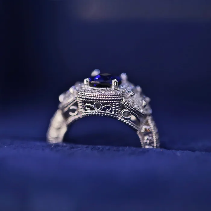 Rings Diamond Source NYC Diffused Cushion Cut Blue Sapphire Diamond Engagement Ring Set in 14K White Gold 390ct tw