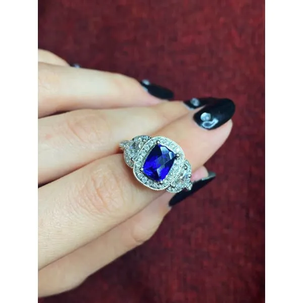 Rings Diamond Source NYC Diffused Cushion Cut Blue Sapphire Diamond Engagement Ring Set in 14K White Gold 390ct tw