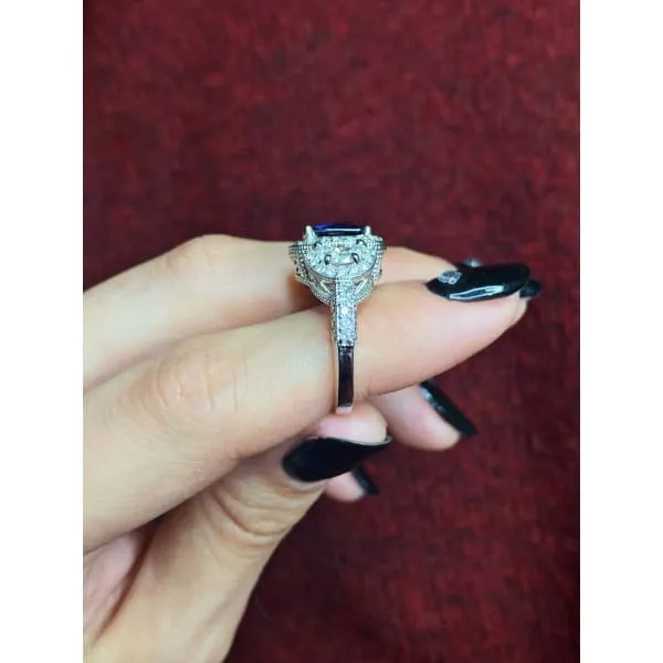 Rings Diamond Source NYC Diffused Cushion Cut Blue Sapphire Diamond Engagement Ring Set in 14K White Gold 390ct tw