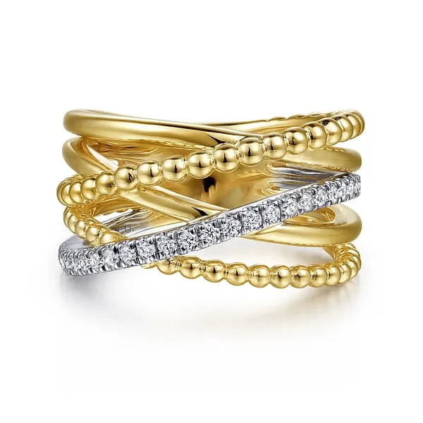 Rings Gabriel Co 14K Yellow and White Gold Wide Crossover Diamond Ring