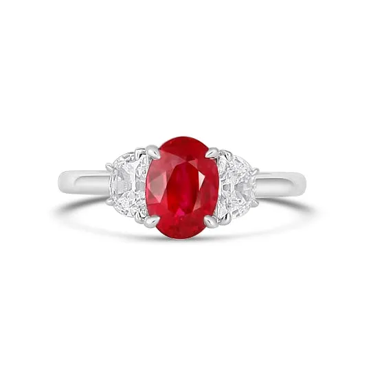 Rings Meierotto Jewelers 18K White Gold Oval Ruby Ring with Half Moon Diamond Sides Rings Meierotto Jewelers 18K White Gold Oval Ruby Ring with Half Moon Diamond Sides