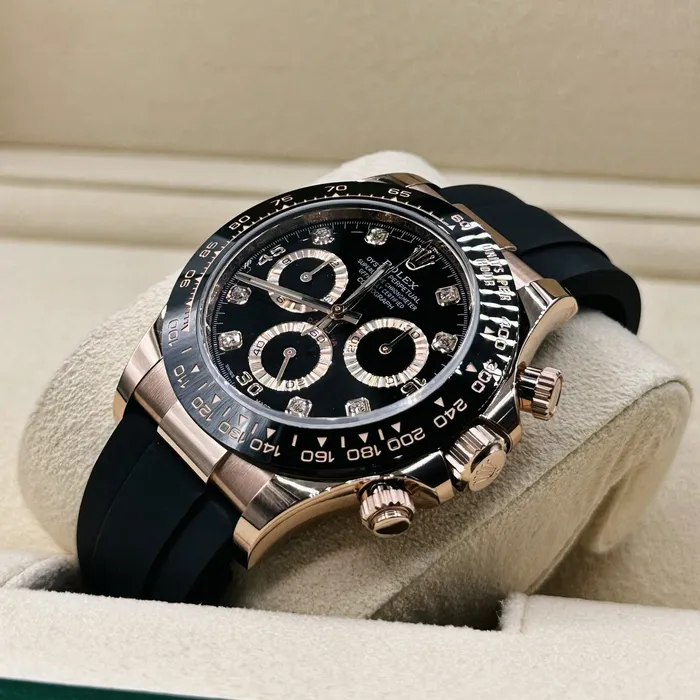 Rolex Bracelets Rolex Cosmograph Daytona 40mm Ref 116515ln Black Diamond Dial Ceramic Bezel 18K Rose Gold Case Black Oysterflex Bracelet Mens Watch