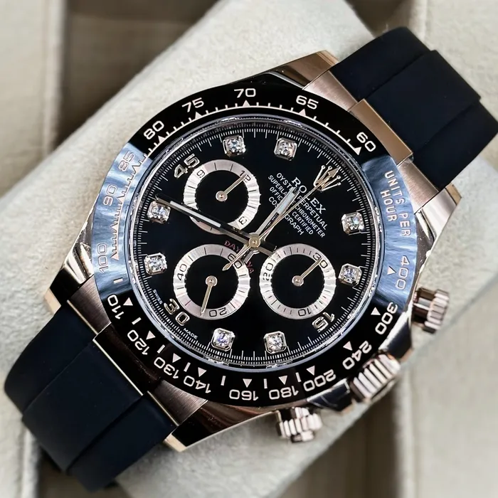 Rolex Bracelets Rolex Cosmograph Daytona 40mm Ref 116515ln Black Diamond Dial Ceramic Bezel 18K Rose Gold Case Black Oysterflex Bracelet Mens Watch