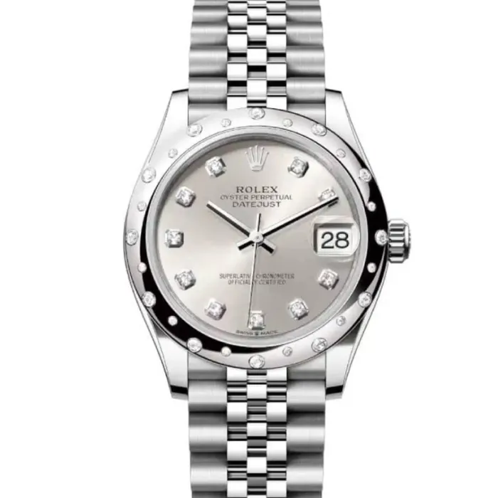 Rolex Bracelets Rolex Datejust 31mm Ref 278344rbr0032 Silver Diamond Dial Diamond Bezel Stainless Steel Jubilee Bracelet Womens Watch