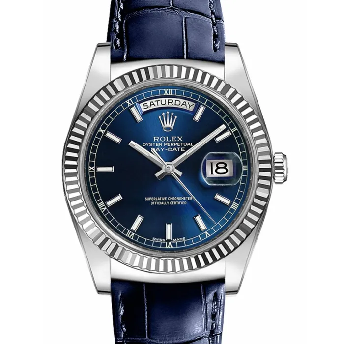 Rolex Day Date 36mm Ref 118139 Blue Index Dial 18K White Gold Blue Alligator Leather Strap Watch Diamond Source NYC Watches