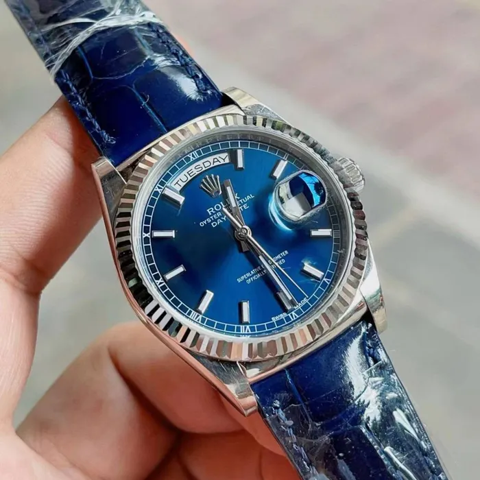 Rolex Day Date 36mm Ref 118139 Blue Index Dial 18K White Gold Blue Alligator Leather Strap Watch Diamond Source NYC Watches
