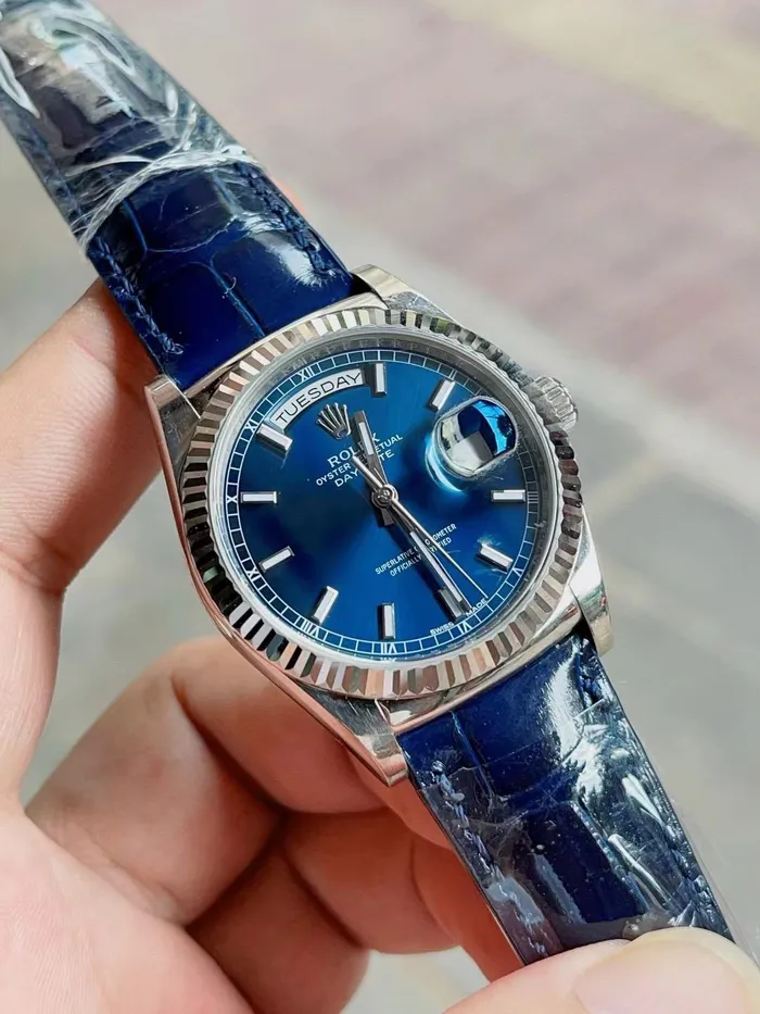 Rolex Day Date 36mm Ref 118139 Blue Index Dial 18K White Gold Blue Alligator Leather Strap Watch Diamond Source NYC Watches