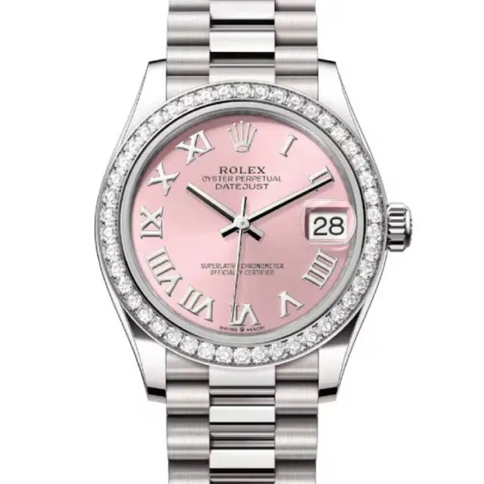 Rolex Rolex Datejust 31mm Ref 278289rbr0016 Pink Roman Dial Diamond Bezel 18K White Gold President Bracelet Womens Watch Bracelets
