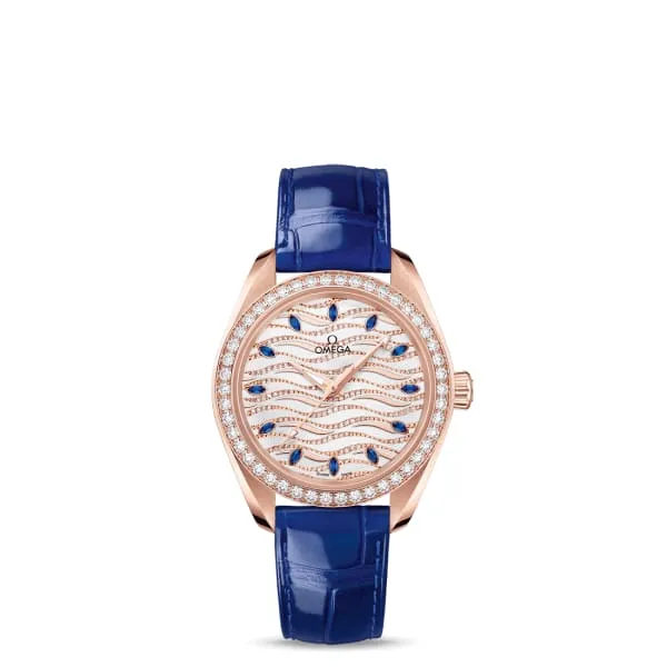 Watches Omega Omega Seamaster 34mm Watch Ref 22058342099005 White Pave Diamond Sapphire Index Dial Diamond Bezel in 18K Rose Gold Case Blue Leather Strap Watches Omega Omega Seamaster 34mm Watch Ref 22058342099005 White Pave Diamond Sapphire Index Dial Diamond Bezel in 18K Rose Gold Case Blue Leather Strap